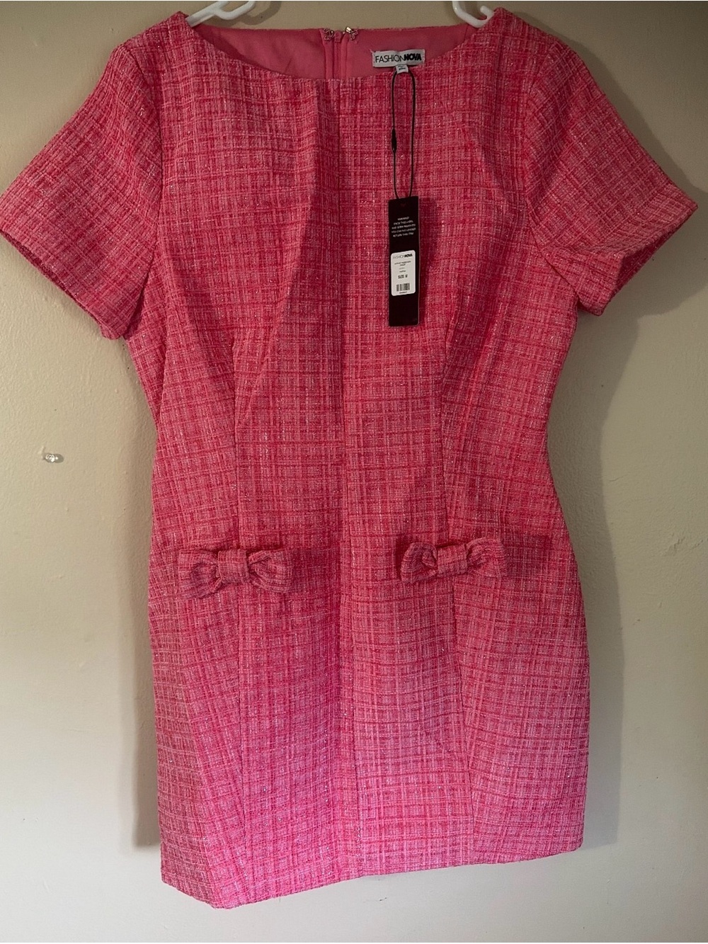 Fashion Nova Hot Pink Tweed Bow-Pocket Shift Dress